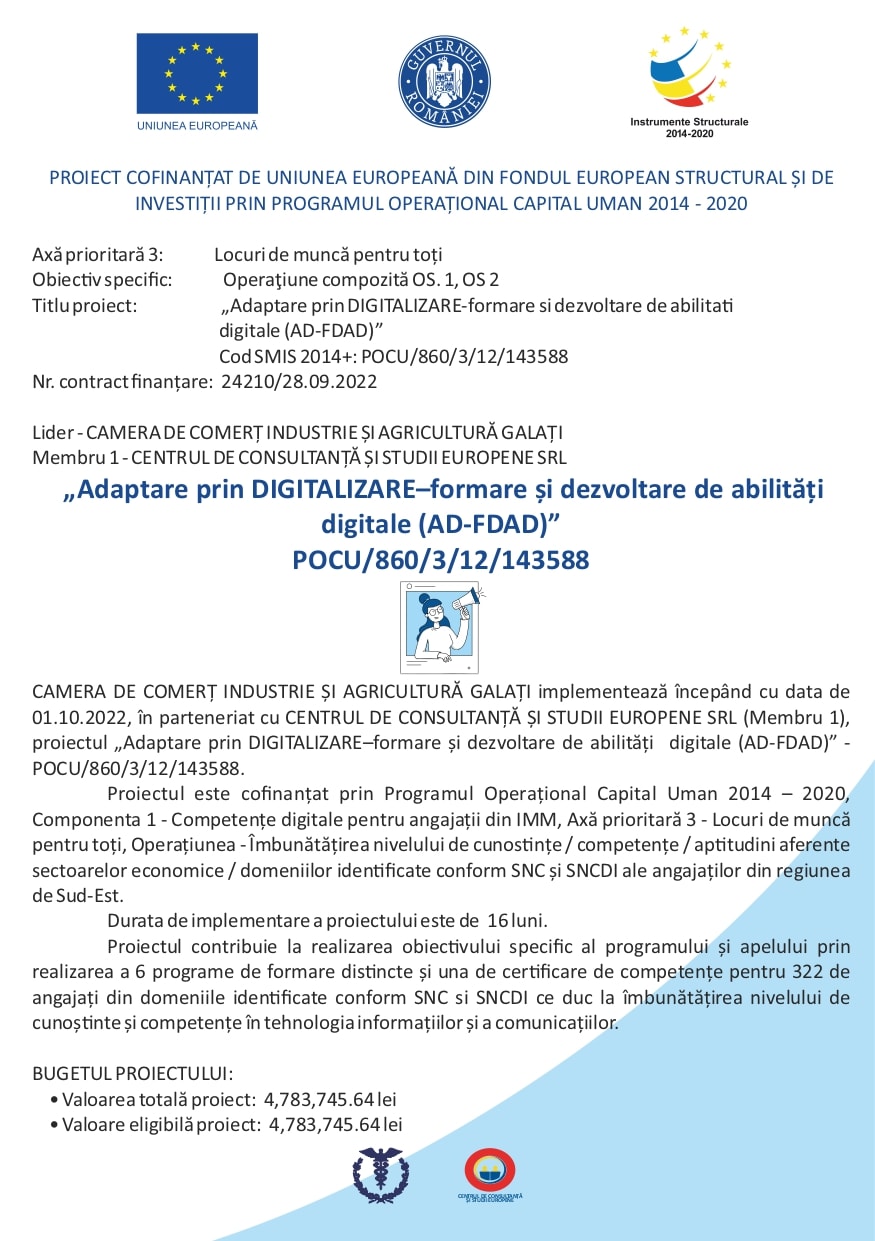 CURSURI GRATUITE PENTRU MEMBRII ȘI PARTENERII CCIA BRĂILA PRIN PROIECTUL „Adaptare prin DIGITALIZARE – formare și dezvoltare de abilități digitale (AD-FDAD)”