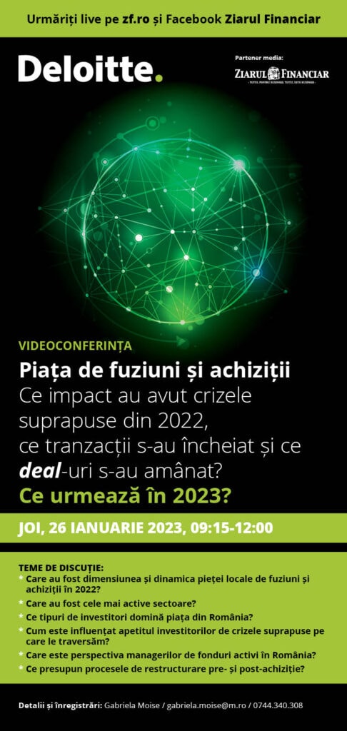 Invitație videoconferință anuală Deloitte M&A, Piața de fuziuni și achizitii – Ce impact au avut crizele suprapuse din 2022, ce tranzacții s-au încheiat și ce deal-uri s-au amânat?